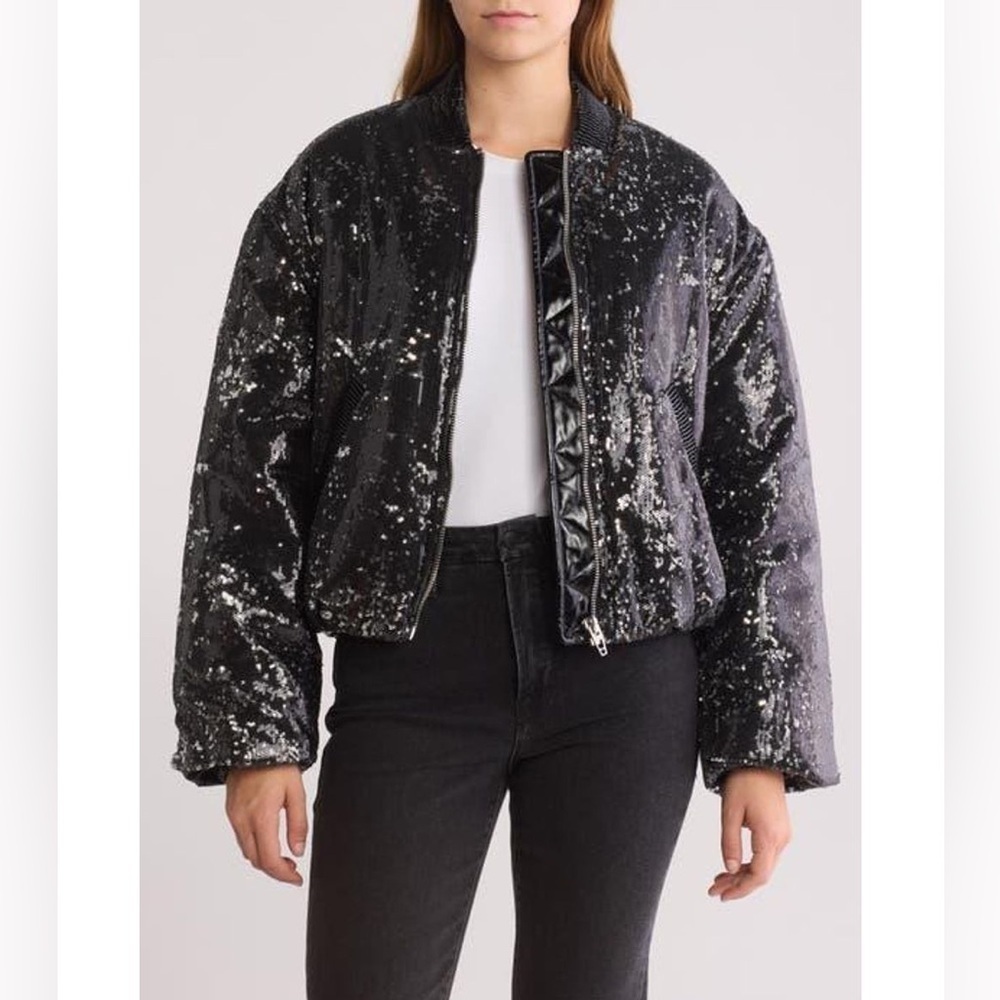 NWT Blank NYC Black Sequin Bomber Jacket Sparkle Sz M